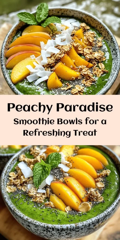 Indulge in the refreshing taste of summer with these Peachy Paradise Smoothie Bowls! This simple recipe blends ripe peaches, banana, and spinach with creamy Greek yogurt and almond milk for a nutritious breakfast or snack. Top it off with slices of fresh peaches, granola, chia seeds, shredded coconut, and mint for a delightful crunch and vibrant presentation. Ready in just 10 minutes, these smoothie bowls are perfect for a quick, healthy treat.