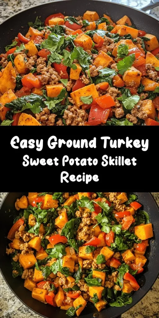 Discover the perfect one-pan meal with this Ground Turkey Sweet Potato Skillet! It's a nutritious dish that's easy to prepare in just 30 minutes. With ground turkey, sweet potatoes, colorful veggies, and a blend of spices, this skillet is packed with flavor and health benefits. Great for busy weeknights, it serves four and can be garnished with fresh cilantro or parsley for an extra touch. Enjoy a wholesome dinner the whole family will love! 🍠🥘