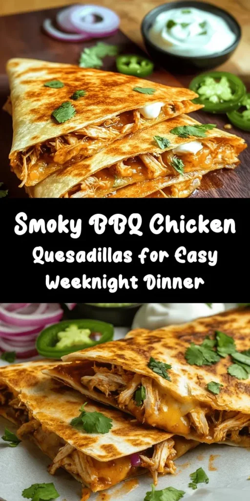 Indulge in the savory goodness of smoky BBQ chicken quesadillas! Perfect for a quick meal or a delicious snack, these cheesy delights are packed with shredded BBQ chicken, melty mozzarella, and cheddar cheese. Sautéed red onions add a sweet touch, and jalapeños bring the heat if you're feeling spicy! Serve them warm with fresh cilantro, sour cream, and guacamole for dipping. This recipe is sure to be a crowd-pleaser, ready in just 25 minutes!