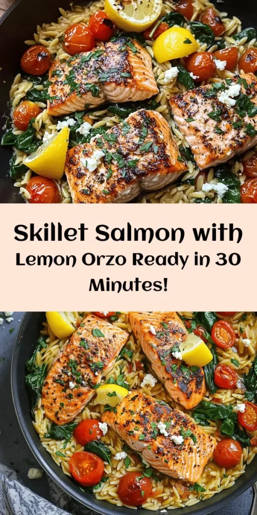 Whip up a delicious One Skillet Salmon with Lemon Orzo in just 30 minutes! This vibrant dish combines tender salmon fillets, toasty orzo, fresh cherry tomatoes, and baby spinach all cooked together for a burst of flavors. With zesty lemon and a hint of garlic, it’s both healthy and satisfying. Perfect for a quick weeknight meal or impressive dinner for two. Don’t forget to top it with fresh parsley and crumbled feta for a tasty finishing touch!