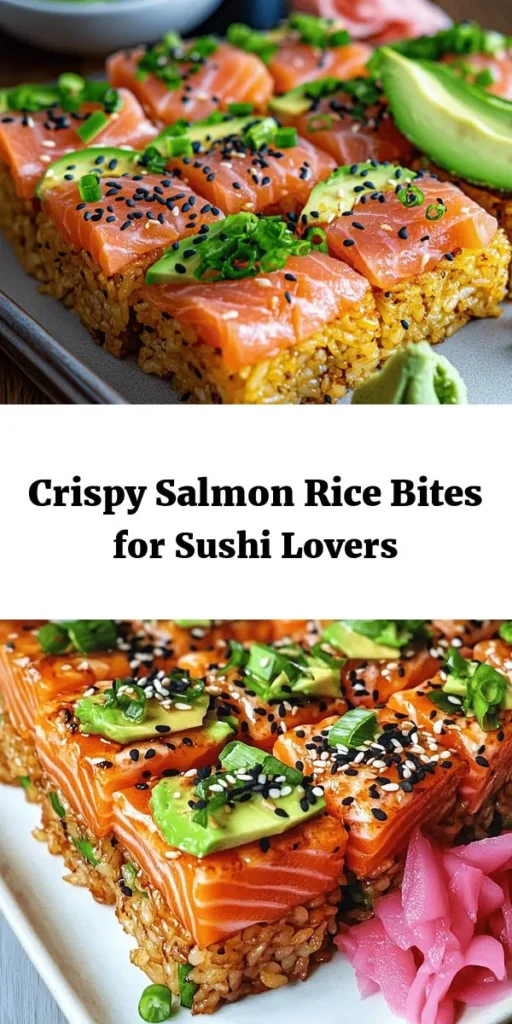 Elevate your sushi game with this delicious Salmon Crispy Rice recipe! Perfect for a cozy night in or impressing guests, this dish features perfectly cooked sushi rice, crispy sautéed salmon, and fresh avocado, all topped with green onions and optional sesame seeds. It’s a delightful combo of textures and flavors. Serve it with pickled ginger and wasabi for an authentic touch. Get ready to enjoy a fun and tasty meal at home!