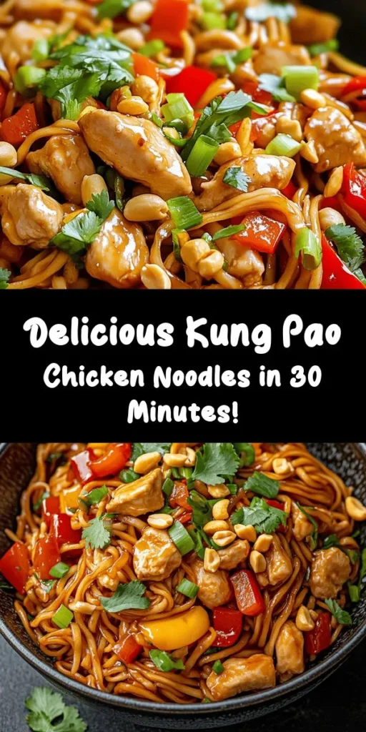 Savor the flavors of this easy Kung Pao Chicken Noodles recipe! This delightful dish combines tender chicken, crunchy vegetables, and nutty peanuts tossed in a savory sauce over egg noodles. Perfect for a quick weeknight dinner, it's ready in just 30 minutes. Customize the heat to your liking with dried red chilies, and don’t forget the fresh cilantro for a burst of flavor. Cook up this delicious meal and enjoy a taste of the classic Chinese favorite!