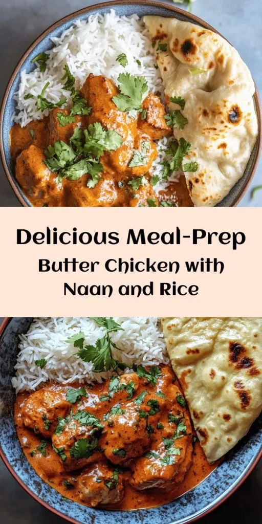 Get ready to elevate your meal prep game with this delicious Butter Chicken with Rice and Garlic Naan! This flavorful dish features tender marinated chicken cooked in a rich, creamy sauce, paired perfectly with fluffy basmati rice. The homemade garlic naan adds the perfect touch. Perfect for lunch or dinner, it’s easy to store in meal prep containers and reheat throughout the week. Whip up this indulgent recipe that serves 4-6 and enjoy authentic Indian flavors at home!