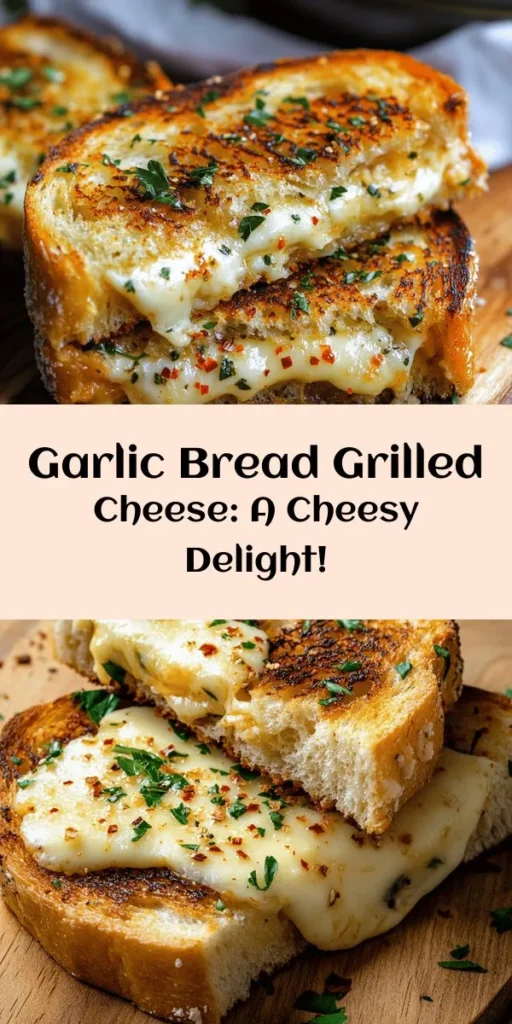 Indulge in the ultimate comfort food with this Garlic Bread Grilled Cheese recipe! Thick slices of sourdough bread are slathered with a flavorful garlic butter and stuffed with gooey mozzarella and sharp cheddar cheese. Grilled to golden perfection, this cheesy delight is perfect for a quick lunch or dinner. Optionally add red pepper flakes for a spicy twist! Serve it with marinara sauce for dipping and enjoy every bite of this savory treat.
