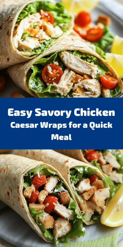 Enjoy a tasty and healthy meal with these Savory Chicken Caesar Wraps! Perfect for lunch or a quick dinner, these wraps are packed with shredded chicken, crunchy romaine lettuce, and creamy Caesar dressing, all wrapped up in whole wheat tortillas. With optional cherry tomatoes and croutons for added flavor and crunch, each bite is satisfying and delicious. Serve with a squeeze of fresh lemon for an extra zesty kick. Quick and easy, ready in just 15 minutes!