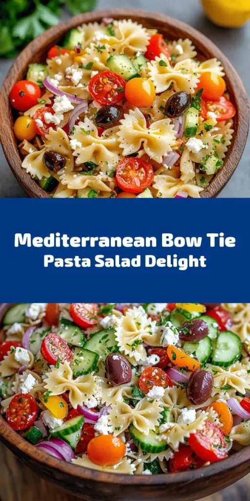 Elevate your pasta salad game with this Bow Tie Pasta Salad featuring a Mediterranean twist! Perfect for potlucks and picnics, it combines al dente bow tie pasta with fresh vegetables like cherry tomatoes, cucumbers, and red bell peppers. Tossed in a zesty olive oil and red wine vinegar dressing, it’s finished with crumbled feta and fresh parsley for a burst of flavor. Chill before serving for ultimate enjoyment. Your taste buds will thank you!
