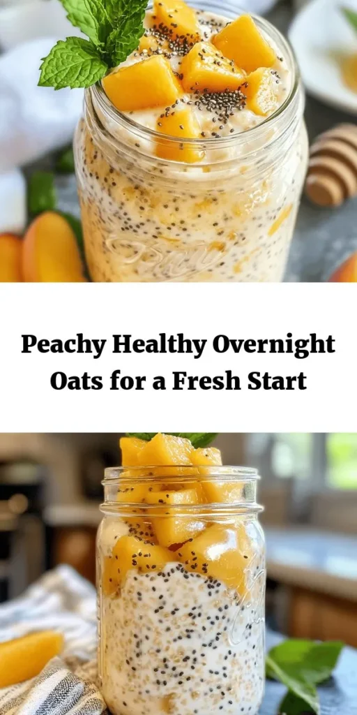 Wake up to a wholesome breakfast with these irresistible healthy overnight oats featuring juicy peaches! Made with rolled oats, almond milk, chia seeds, and a touch of cinnamon, this recipe is a breeze to prepare. Simply mix the ingredients, let them sit overnight, and enjoy creamy, delicious oats in the morning topped with fresh peach slices and a hint of mint. Perfect for a quick, nutritious start to your day!