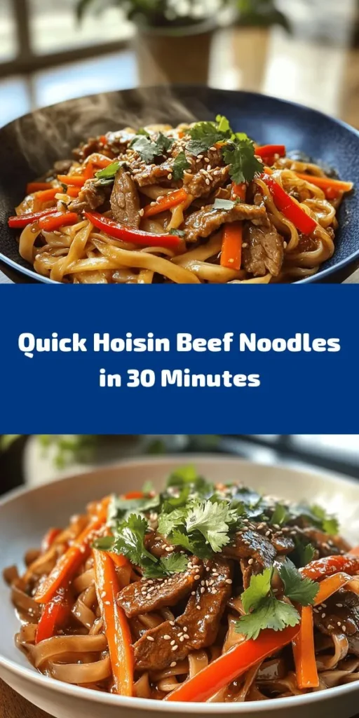 Indulge in a bowl of Satisfying Hoisin Beef Noodles! This delightful dish combines tender beef sirloin marinated in a savory mix of hoisin, soy, and oyster sauces with fresh vegetables like red bell pepper and carrot. Cooked with flat rice noodles and finished with aromatic garlic and ginger, it's a flavorful meal you can whip up in just 30 minutes. Perfect for a quick weeknight dinner! Garnish with green onions and cilantro for an extra touch.
