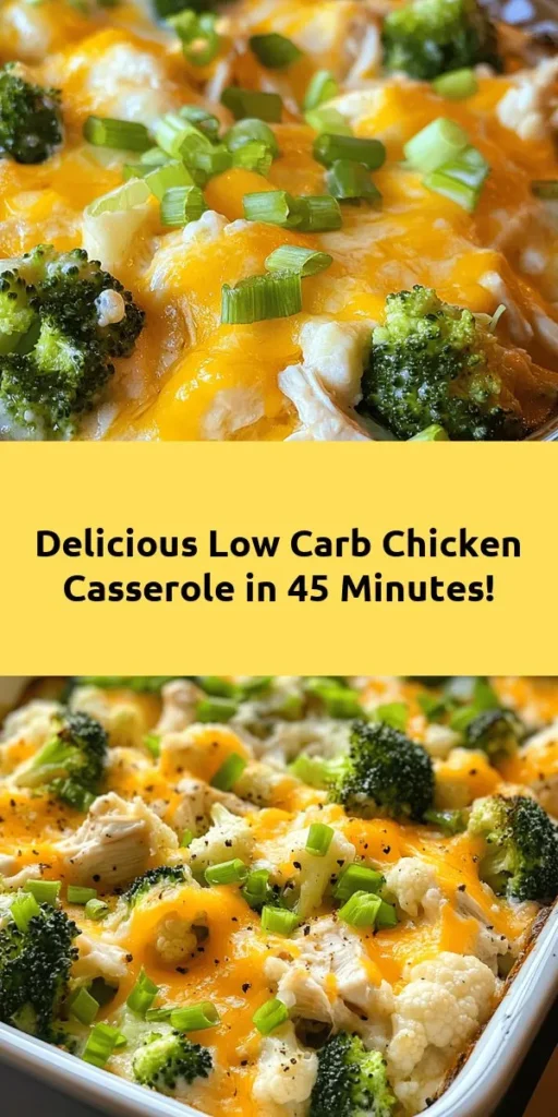 Discover this easy low carb chicken casserole, perfect for a satisfying weeknight dinner! Made with shredded chicken, broccoli, and cauliflower, it’s packed with flavor thanks to cream cheese and cheddar. This one-dish wonder takes only 15 minutes of prep and 30 minutes of baking, making it a breeze to whip up. Top it off with fresh green onions for a delightful finish. Enjoy a wholesome meal that keeps your carb count low and your taste buds happy!
