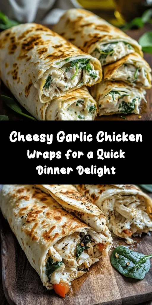 Indulge in these delicious Cheesy Garlic Chicken Wraps that are perfect for a quick meal! With a creamy mixture of shredded chicken, cream cheese, and mozzarella, all seasoned to perfection, these wraps offer a mouthwatering flavor in every bite. Packed with fresh spinach and optional diced tomatoes, they're easy to assemble and grill to golden perfection. Perfect for lunch or dinner, these wraps are sure to impress your taste buds!