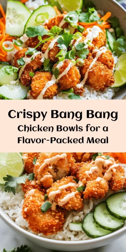 Satisfy your cravings with these delicious Bang Bang Chicken Bowls! Crispy, succulent chicken is coated in a flavorful panko crust and served over fluffy jasmine rice. Topped with fresh veggies like shredded carrots and cucumber, this dish is drizzled with a creamy, spicy Bang Bang sauce that you can customize to your heat preference. Perfect for a quick weeknight dinner or meal prep, this recipe is sure to become a family favorite! Enjoy with a squeeze of lime for extra zest.
