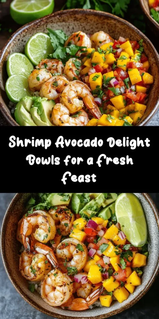 Indulge in the vibrant flavors of Shrimp & Avocado Delight Bowls! This refreshing dish features succulent marinated shrimp, creamy avocado, and a zesty mango salsa that perfectly balances sweetness and heat. Drizzle with a delicious lime-chili sauce for an extra kick. Great on its own or served over rice or quinoa, this recipe takes only 35 minutes to prepare and is perfect for a healthy weeknight dinner or meal prep. Enjoy the burst of tropical flavors in every bite!