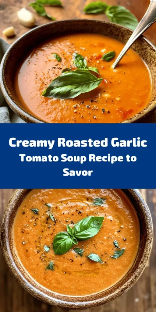 Warm up your kitchen with this creamy roasted garlic tomato soup! Made with fresh, ripe tomatoes, sweet roasted garlic, and a medley of vegetables, this comforting soup is pure bliss in a bowl. Simple to prepare, it’s perfect for a cozy dinner or a quick lunch. Top it off with a swirl of cream or coconut milk for a vegan touch and fresh basil for garnish. Dive into this deliciousness that serves 4 in just an hour! 🍅🧄 #TomatoSoup #ComfortFood #HealthyRecipes