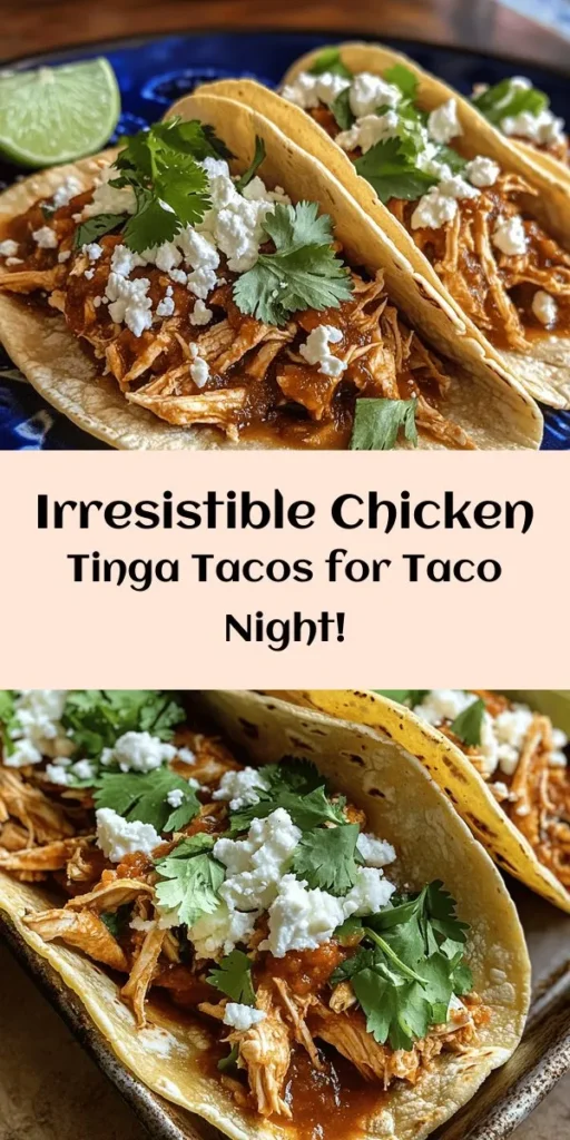 Transform your weeknight dinner with these delicious Chicken Tinga Tacos! Featuring tender, shredded chicken cooked in a smoky, spicy sauce made from chipotle peppers, tomatoes, and aromatic spices, these tacos are bursting with flavor. Simply warm up some corn tortillas, fill them with the savory chicken mixture, and top with fresh cilantro and crumbled queso fresco. Perfect for a cozy meal or sharing with friends! Enjoy with lime wedges for that extra zest.