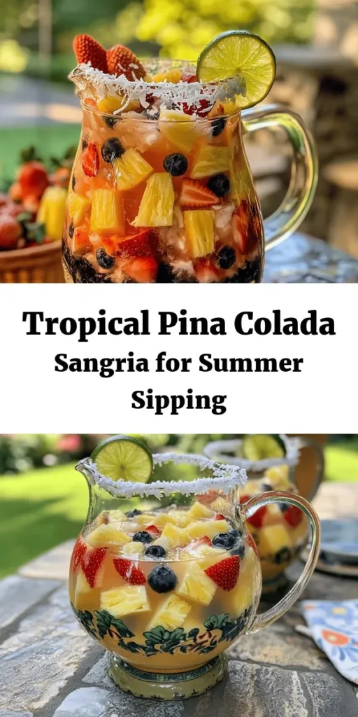 Beat the heat with this refreshing Pina Colada Sangria! This tropical drink combines the flavors of dry white wine, coconut rum, and pineapple juice, creating a delightful blend perfect for summer gatherings. Fresh fruits like pineapple, strawberries, and blueberries add a burst of flavor, while a splash of soda gives it a fizzy twist. Chill for a few hours and serve over ice for an irresistible treat. Garnish with lime slices and toasted coconut for that extra tropical flair!
