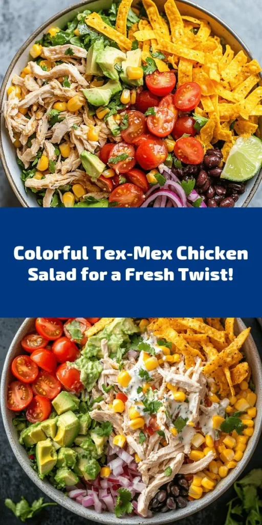 Add a burst of flavor to your meal with this Tex-Mex Chopped Chicken Salad! Packed with tender shredded chicken, colorful veggies like cherry tomatoes, bell peppers, and avocado, plus hearty black beans and a zesty dressing, it's a refreshing twist on classic salad. Topped with cheddar cheese and crispy tortilla strips, it's perfect for a quick lunch or light dinner. Whip it up in just 15 minutes and enjoy the fiesta in every bite!