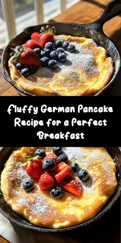 Discover the joy of making a Fluffy German Baked Pancake Delight! This decadent pancake comes together effortlessly with just a few ingredients: eggs, milk, flour, and a touch of vanilla. Bake it in a hot skillet for the ultimate puffiness and golden crust. Serve it warm, dusted with powdered sugar and topped with fresh berries for a delightful breakfast or brunch treat. Perfect for impressing guests or enjoying a cozy family meal! Enjoy the fluffy goodness!