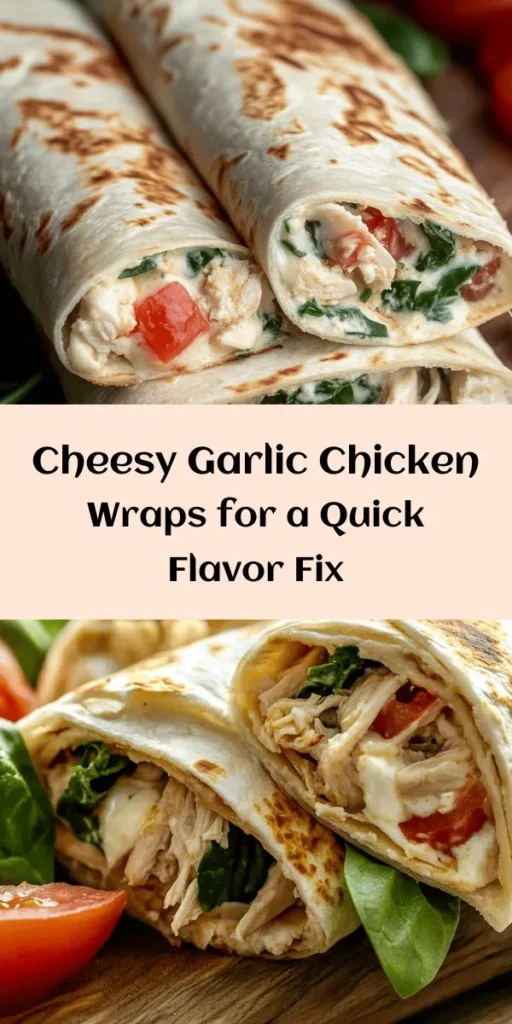 Savor every bite of these Cheesy Garlic Chicken Wraps that are a perfect blend of creamy, cheesy goodness and savory spices. Made with tender chicken, mozzarella, and cream cheese, each wrap is layered with fresh spinach and optional diced tomatoes for a pop of flavor. Easy to make in under 30 minutes, they’re perfect for a quick lunch or dinner. Crisp them up in a skillet for that golden, toasty finish! Don’t forget to serve with your favorite dipping sauce!