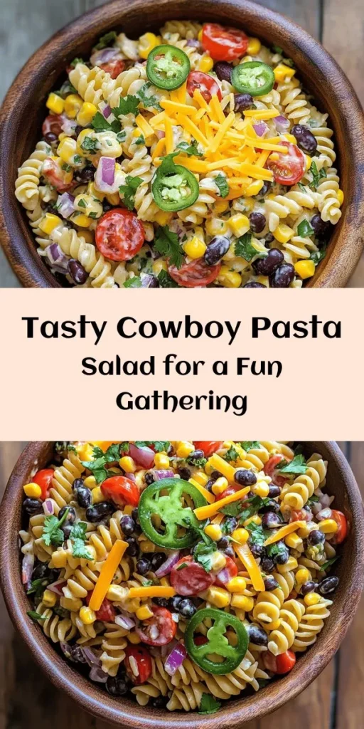 Looking for a refreshing and flavorful dish? Try this Cowboy Pasta Salad! Packed with rotini pasta, fresh cherry tomatoes, sweet corn, black beans, colorful bell peppers, and zesty ranch dressing, it's a perfect side or light meal. With just a hint of cumin and chili powder, this salad is sure to please everyone! Chill for 30 minutes for the best taste, and add jalapeños for an extra kick. Great for potlucks and summer gatherings!