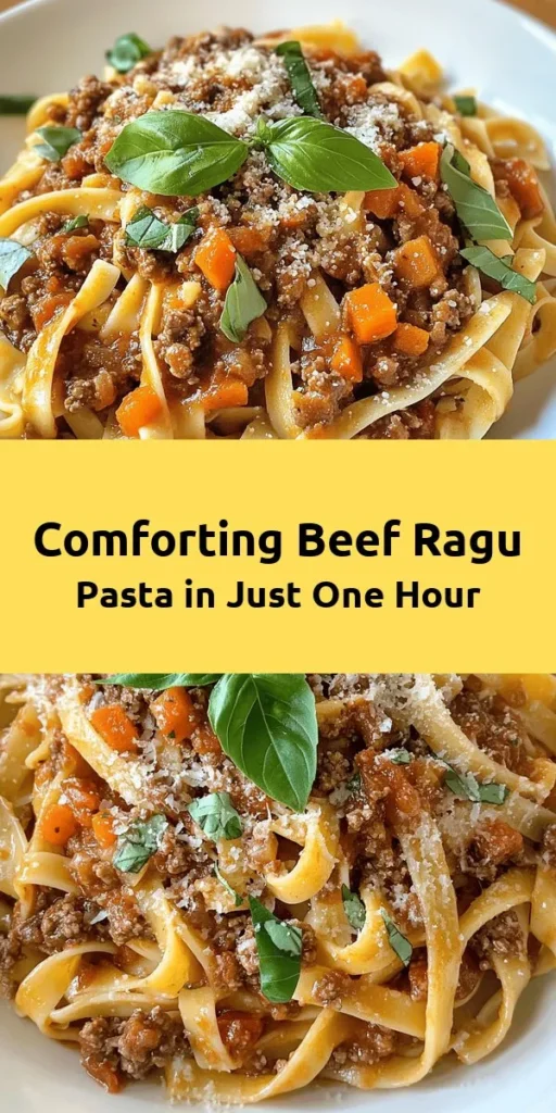 Enjoy a cozy night in with this delicious Hearty Beef Ragu Pasta! With tender ground beef, sautéed vegetables, and a rich tomato sauce, this dish is perfect for a comforting dinner. Cook up your favorite pasta, toss it with the savory ragu, and finish with fresh basil and grated Parmesan. It's a simple recipe that takes just over an hour and serves four, making it ideal for family meals or gatherings. Dive in and savor every bite!