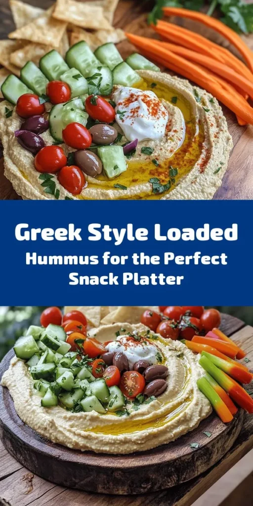 Discover the deliciousness of Greek Style Loaded Hummus! This vibrant and creamy dip combines chickpeas, tahini, and fresh Mediterranean toppings like cucumber, cherry tomatoes, and kalamata olives. It's easy to prepare and perfect for sharing with pita chips or veggie sticks. Drizzle with olive oil and sprinkle with smoked paprika for an extra touch. A healthy, flavorful snack ready in just 15 minutes—your taste buds will thank you!
