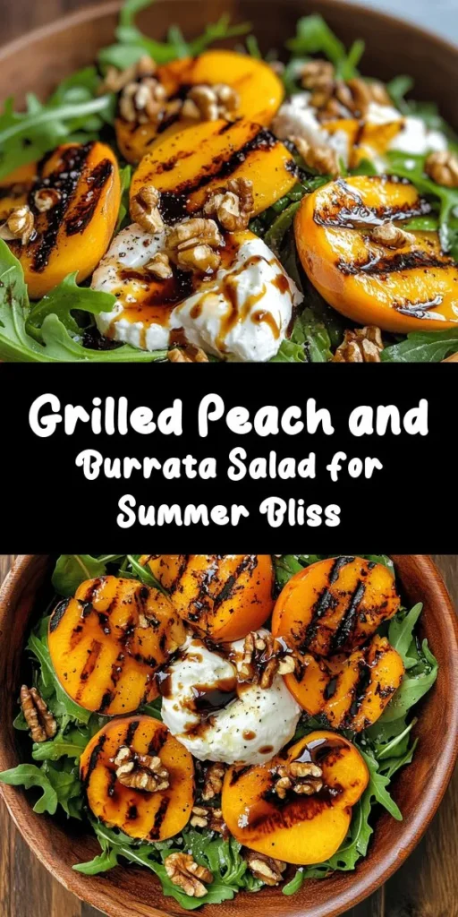 Elevate your salad game with this delicious Grilled Peach and Burrata Salad! Perfectly grilled peaches add a sweet and smoky flavor, balanced by creamy burrata and peppery arugula. Toss in toasted walnuts for a satisfying crunch and drizzle with balsamic glaze for a touch of sweetness. This easy recipe comes together in just 15 minutes, making it a fantastic summer dish or a light appetizer! Perfect for gatherings or a cozy dinner at home. Enjoy fresh flavors that impress!