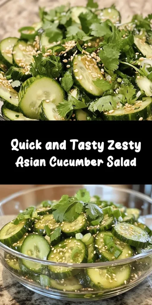 Discover the refreshing taste of Zesty Asian Cucumber Salad! This quick and easy recipe features thinly sliced cucumbers tossed in a delightful dressing of rice vinegar, soy sauce, and sesame oil, with a hint of sweetness from honey. Perfectly seasoned with red pepper flakes and topped with green onions, optional sesame seeds, and cilantro, this salad is a fantastic side dish or light meal. Ready in just 15 minutes, it brings a burst of flavor to your table!