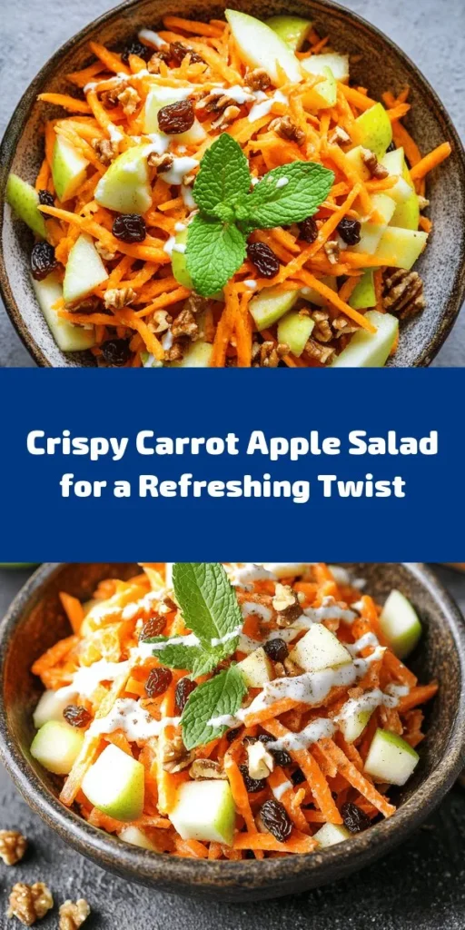 Looking for a refreshing and healthy salad? Try this Crunchy Carrot Apple Salad! Packed with vibrant grated carrots, crisp apples, and crunchy nuts, it's a delightful mix of textures and flavors. With a creamy Greek yogurt dressing sweetened with honey and a hint of cinnamon, this salad is perfect as a side dish or a light meal. Chill it in the fridge for 30 minutes for the best taste. Enjoy a burst of freshness in every bite!