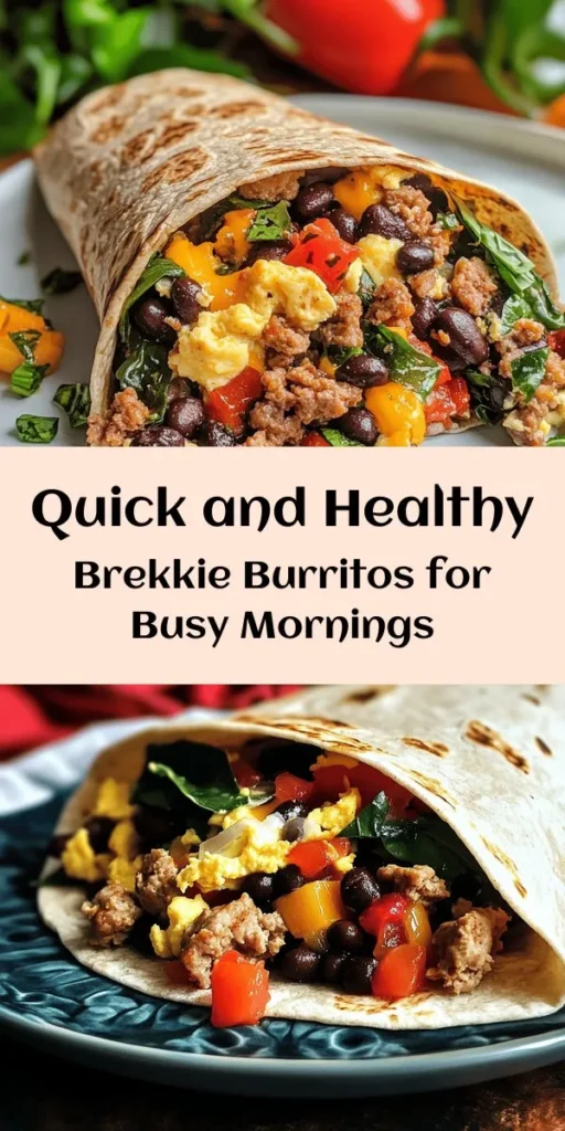 Start your day right with these Easy Brekkie Burritos! Packed with protein from eggs and turkey sausage, and loaded with veggies like bell peppers and spinach, they're a delicious and nutritious breakfast option. Just bake the filling on a sheet pan, roll it up in a whole wheat tortilla with some cheese, and you're set! Perfect for meal prep, these burritos can be enjoyed warm or stored for busy mornings. Add salsa or hot sauce for an extra kick!