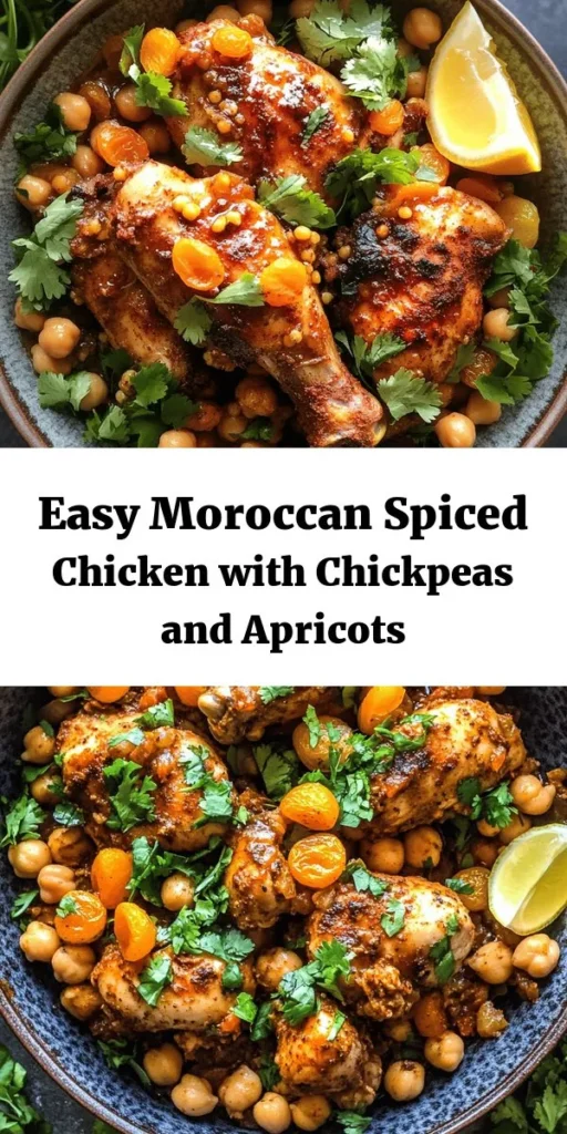 Indulge in the vibrant flavors of Moroccan cuisine with this Moroccan Spiced Chicken recipe! This dish features tender chicken breasts marinated in a blend of warm spices like cumin, coriander, and cinnamon, then cooked to perfection with chickpeas and sweet apricots in a savory broth. It's a delightful mix of sweet and savory, perfect for a weeknight dinner or special occasions. Don't forget to garnish with fresh cilantro and serve with lemon wedges. Enjoy a burst of flavor in every bite!