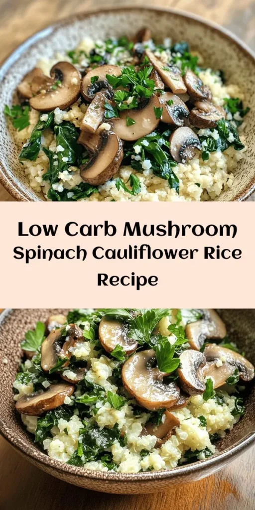 Discover a delicious and healthy low-carb dish with this Mushroom & Spinach Cauliflower Rice recipe! This easy-to-follow recipe features sautéed mushrooms, fresh spinach, and flavorful cauliflower rice, all seasoned to perfection. It's a perfect side or main dish that packs in nutrients without all the carbs. Ready in just 25 minutes, it's ideal for busy weeknights. Garnish with parsley for a fresh finish and enjoy a guilt-free meal that’s bursting with flavor!