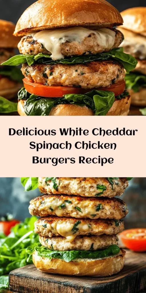 Elevate your burger night with these delicious White Cheddar & Spinach Chicken Burgers! Packed with ground chicken, fresh spinach, and melty white cheddar, they're a perfect blend of flavors and nutrition. These easy-to-make patties are quick to grill and can be served on whole wheat buns with your favorite toppings. Perfect for a weeknight dinner or weekend gathering, this recipe is sure to impress family and friends! Give it a try!