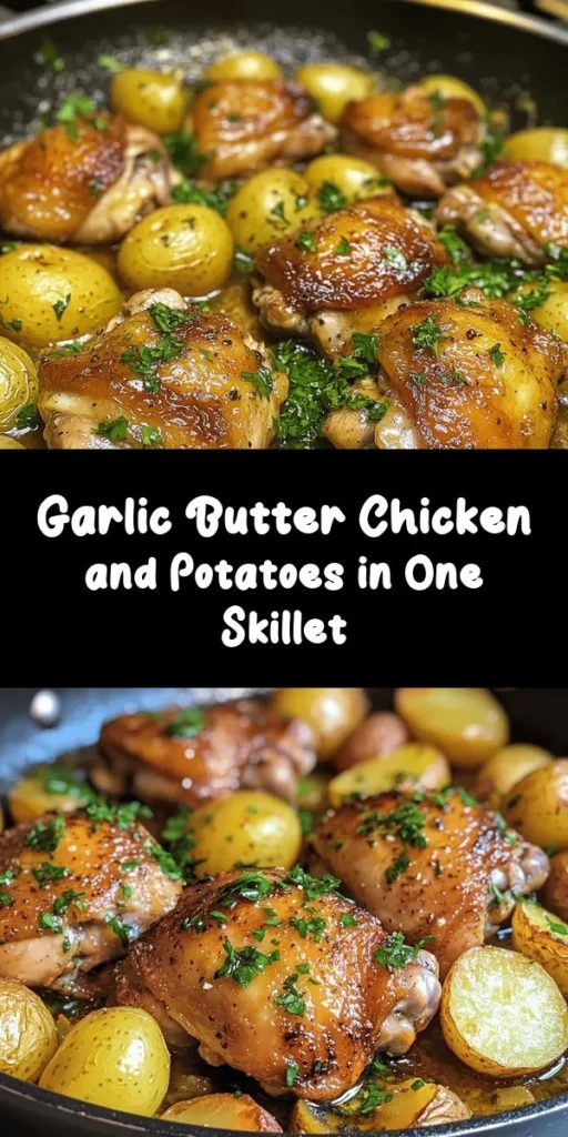 Indulge in this delicious Garlic Butter Chicken and Potatoes Skillet! This one-pan dish features tender chicken thighs and golden baby potatoes tossed in a rich garlic butter sauce, making it perfect for a weeknight dinner. With just a few simple ingredients and only 30 minutes of cooking time, you can create a flavorful meal that serves four. Don't forget the fresh parsley and lemon juice for that extra zing! Get ready to savor every bite!