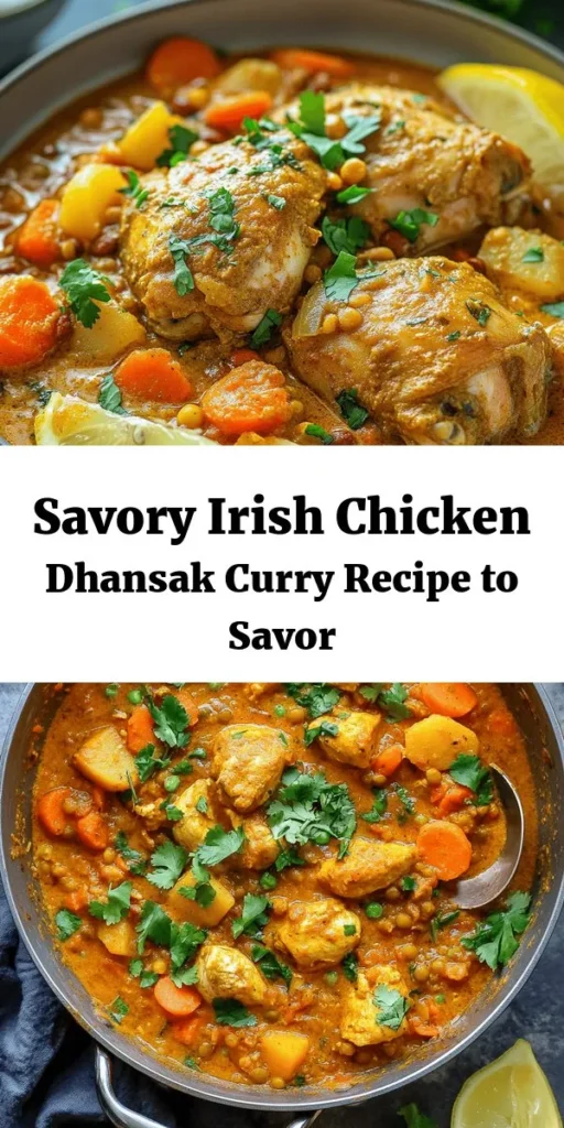 Indulge in the comforting flavors of this Hearty Irish Chicken Dhansak Curry! Packed with tender chicken, vibrant vegetables, and creamy coconut milk, this dish is a delicious fusion of tastes that will warm your soul. With easy steps and simple ingredients like red lentils and aromatic spices, it's perfect for a family dinner or meal prep. Garnish with fresh coriander and serve with lemon for a zesty finish. Dive into this delightful curry today!