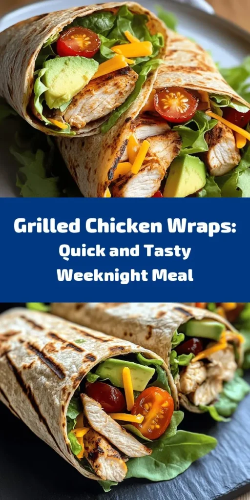 Elevate your meal prep with these savory grilled chicken wraps! Juicy, marinated chicken breasts grilled to perfection meet fresh mixed greens, vibrant cherry tomatoes, creamy avocado, and shredded cheddar, all snugly wrapped in whole wheat tortillas. Drizzle your favorite dressing for an extra flavor boost. Ready in just 50 minutes, these wraps are not only delicious but also perfect for lunch or dinner. Enjoy a nutritious and satisfying bite today!