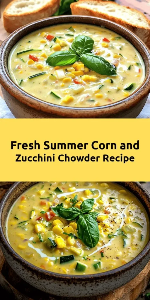 Enjoy a burst of summer flavor with this delightful Sunny Bliss Summer Corn and Zucchini Chowder! Packed with fresh ingredients like zucchini, sweet corn, and aromatic spices, this chowder is both creamy and comforting. Simple to make in just 35 minutes, it's perfect for a warm day or a cozy evening. Serve it warm with crusty bread and top with fresh basil or parsley for added freshness. Dive into this wholesome dish that’s sure to impress!