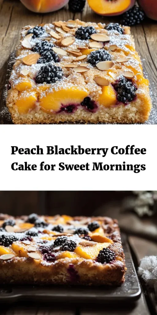 Indulge in this delicious Peach Blackberry Coffee Cake Delight, perfect for a cozy afternoon! With fresh peaches and blackberries folded into a buttery cake and topped with a crunchy cinnamon topping, this recipe is sure to impress. Simple to prepare with everyday ingredients, the cake can be drizzled with a sweet glaze for an extra touch. Enjoy it warm with coffee or tea! This delightful dessert is perfect for sharing or enjoying alone. Try it today!