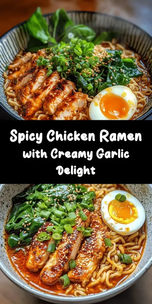 Spice up your dinner with this Fiery Chicken Ramen featuring a luscious creamy garlic sauce! This quick recipe takes just 30 minutes and combines tender chicken thighs with rich flavors from garlic, ginger, and sriracha. You'll love the perfect balance of heat and creaminess, topped with fresh baby spinach, green onions, and a soft-boiled egg. Ideal for a cozy night in, this ramen will quickly become a favorite. Perfect for ramen lovers!