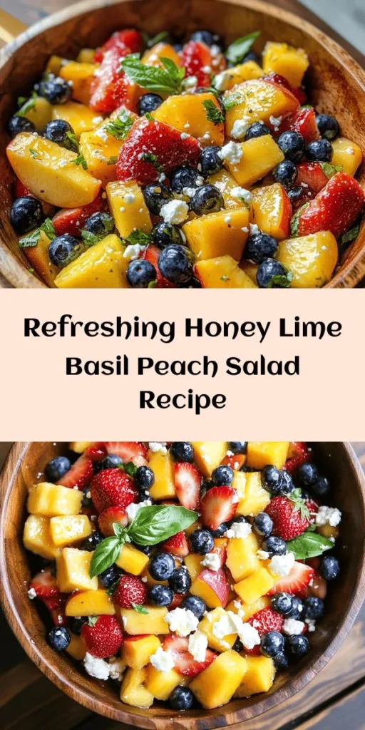 Brighten up your summer with this refreshing Honey Lime Basil Peach Fruit Salad! Packed with juicy peaches, strawberries, blueberries, and pineapple, this delightful dish gets an extra zing from a honey-lime dressing and fresh basil. It's quick to make and perfect for picnics or parties. For a creamy twist, consider adding crumbled feta or goat cheese. Enjoy a taste of summer in every bite! 🍑🍯 #FruitSalad #SummerRecipes #HealthyEating