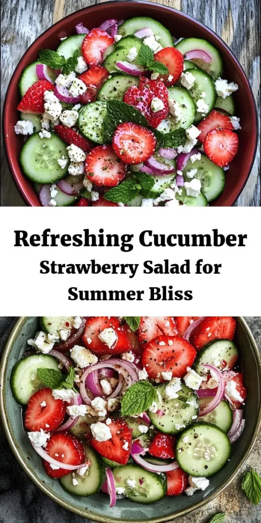 Brighten up your summer meals with this refreshing Cucumber Strawberry Bliss Salad! Packed with juicy strawberries, crunchy cucumbers, and the zing of red onion, this salad is a delightful blend of flavors. Tossed with fresh mint and creamy feta, it’s perfect for picnics or BBQs. Drizzled with a simple honey-balsamic dressing, it’s ready in just 25 minutes. Enjoy a burst of freshness in every bite!