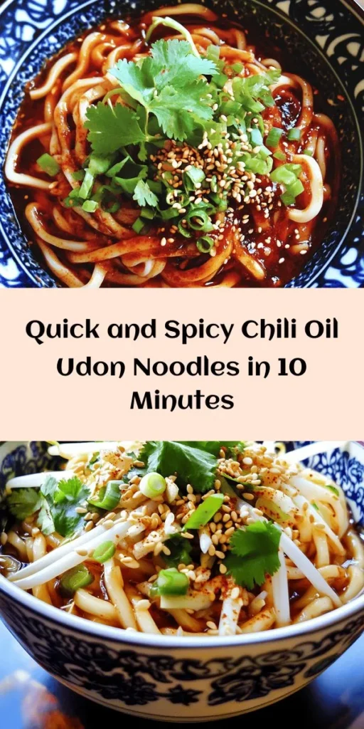 Spice up your meal with this quick and easy Spicy 10-Minute Chili Oil Udon Noodles recipe! Made with fresh udon noodles, chili oil, soy sauce, and a hint of garlic, this dish comes together in no time. Toss in some optional bean sprouts and garnish with sesame seeds and cilantro for extra flavor. Perfect for a cozy dinner or a tasty lunch on the go. Get ready to indulge in a bowl of deliciousness!