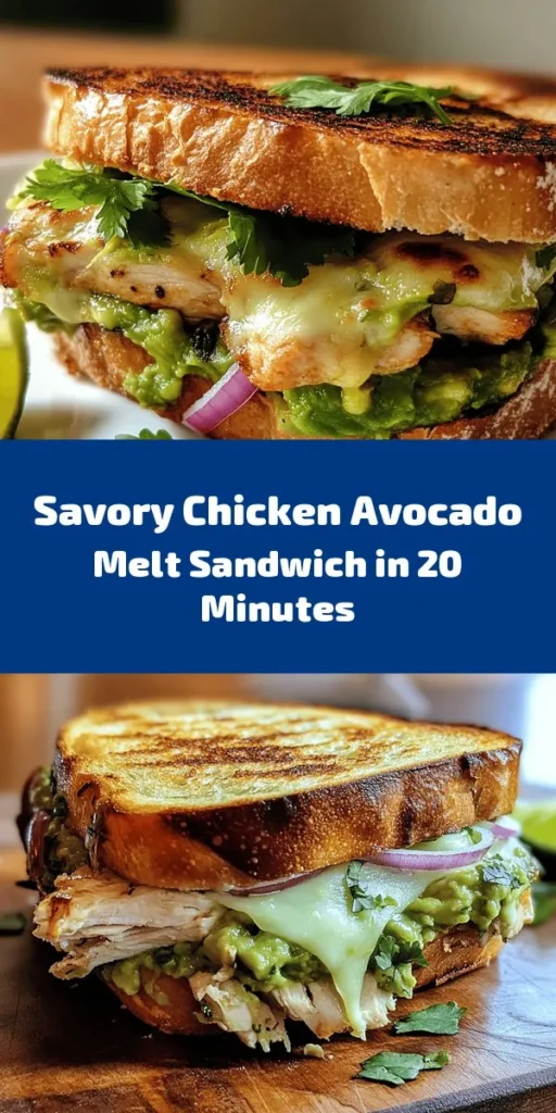 Indulge in a delightful Chicken Avocado Melt Sandwich that’s perfect for lunch or a quick dinner! This delicious recipe features crunchy sourdough bread filled with savory shredded chicken, creamy mashed avocado, and gooey mozzarella cheese. Topped with fresh cilantro and zesty lime, this melt packs a flavor punch. Ready in just 20 minutes, it's a simple yet satisfying meal. Grab your ingredients and start cooking! 🥑🍗